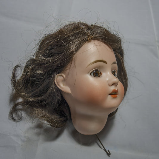 Antique doll head with brown hair and painted features